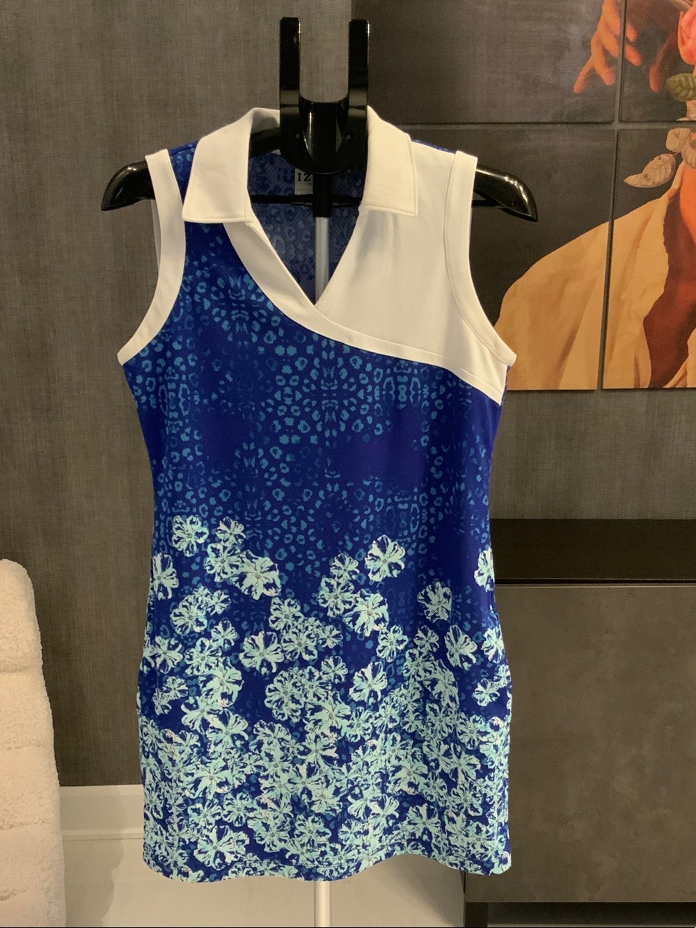 Izod Golf Sleeveless Blue Floral Polo Mini Dress with White Collar M